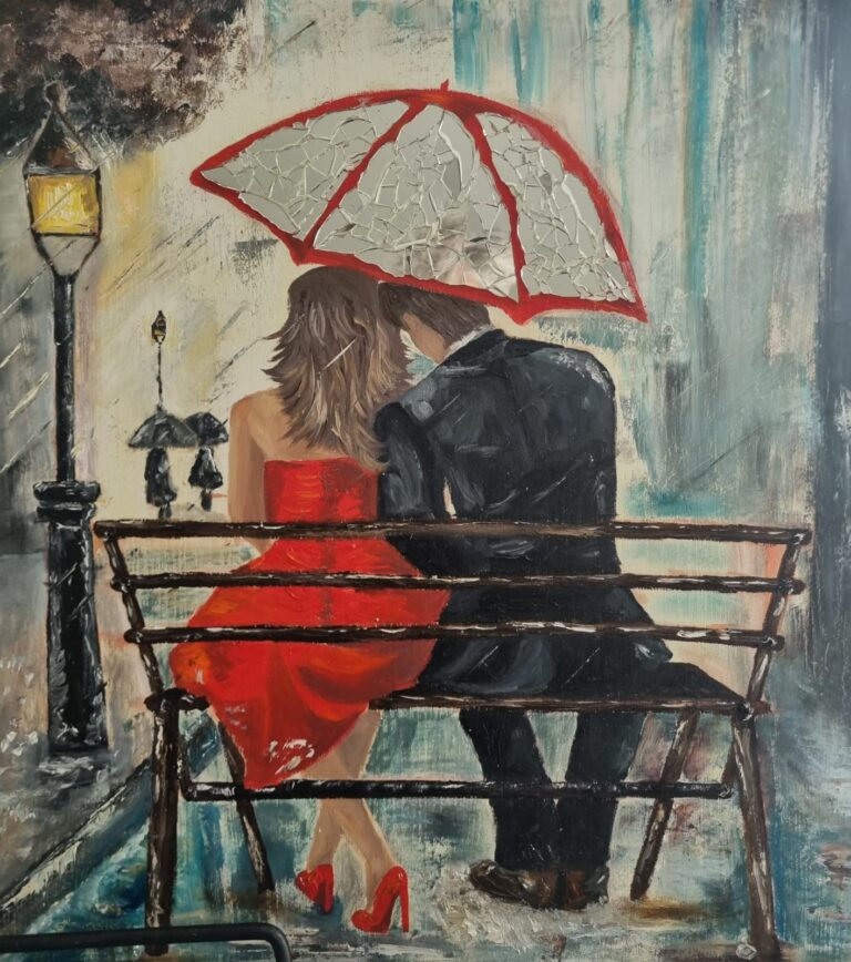 schilderij man en vrouw op een bankje onder een paraplu